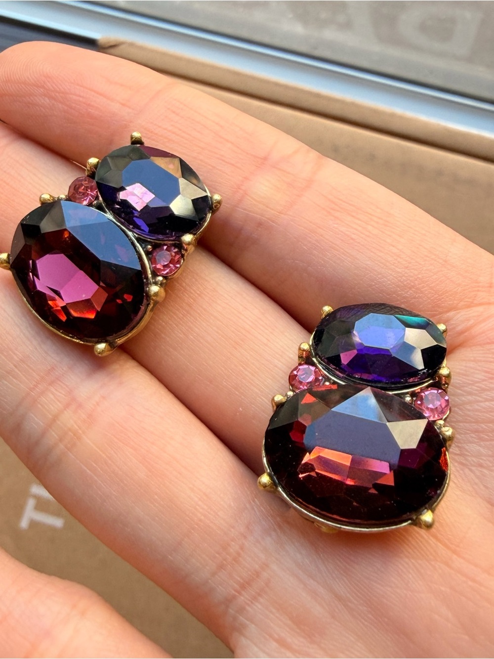 Gold-Tone Purple & Burgundy Crystal Stud Earrings - Picture 4 of 7